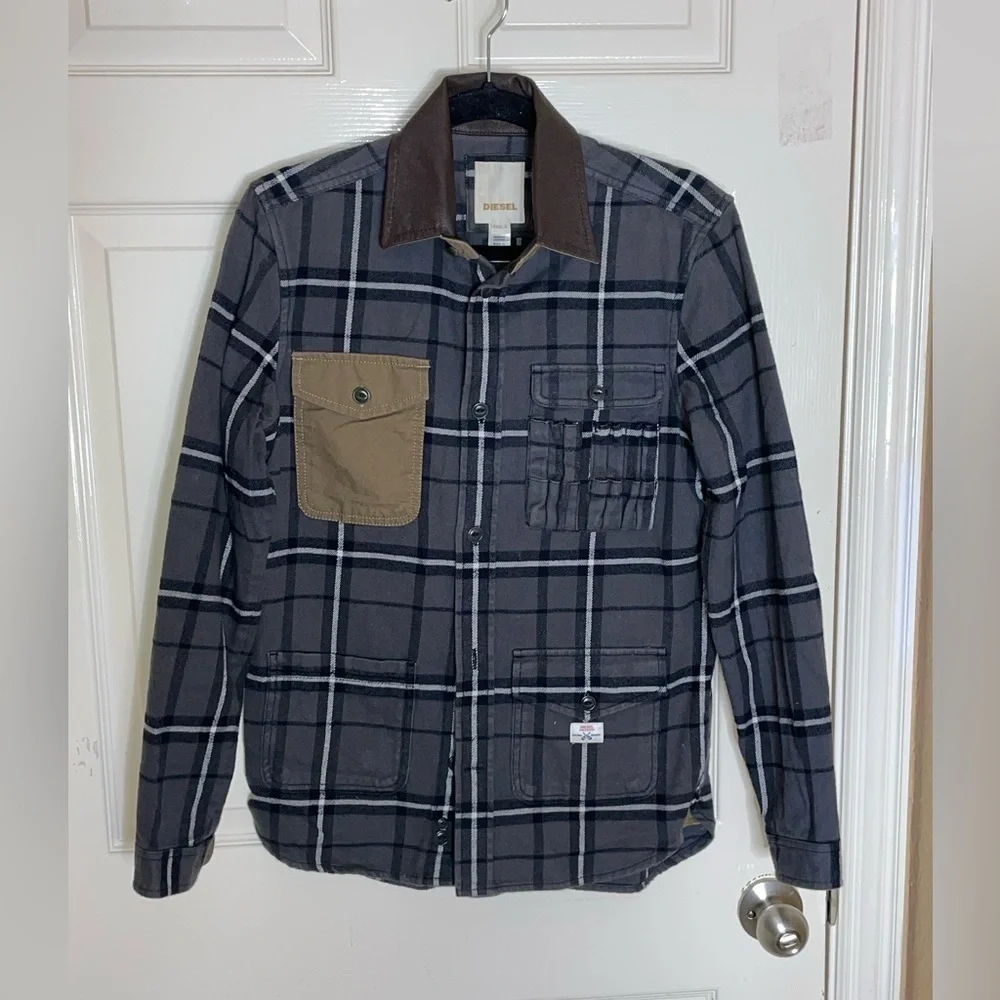 Diesel Chore Shirt Jacket Overshirt Flannel Check Leather Collar Small Mens‌‌‌‌ - Picture 11 of 13